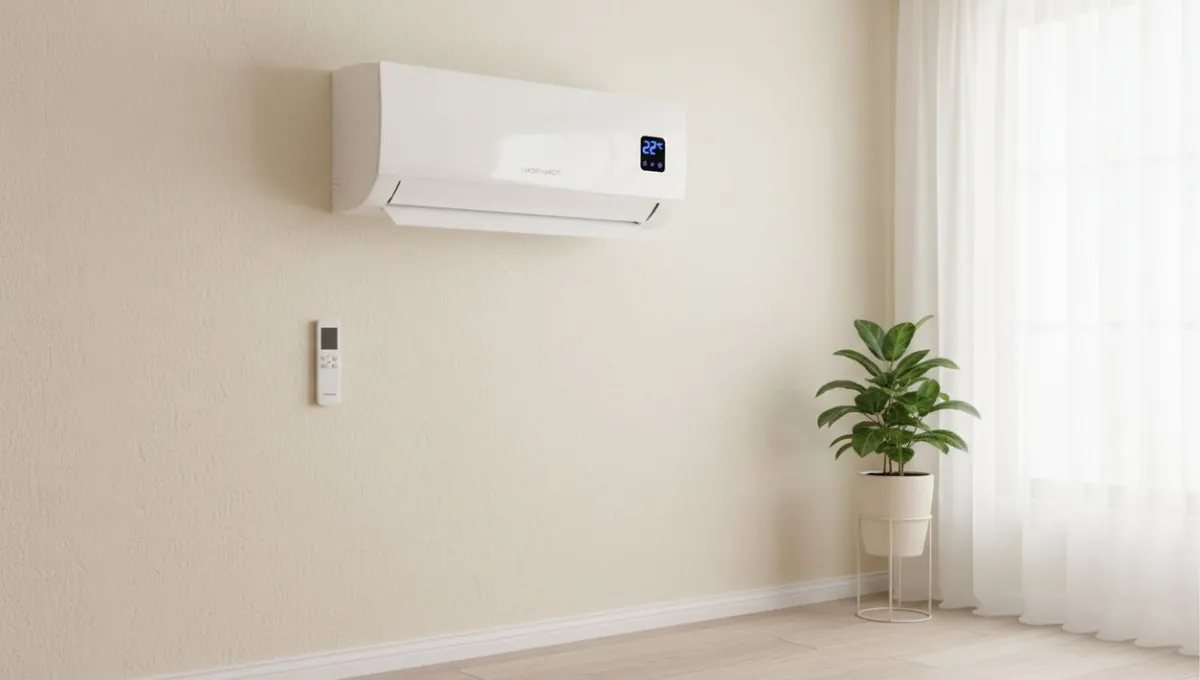 Unité intérieure d'une pompe à chaleur air-air fixée au mur d'un salon